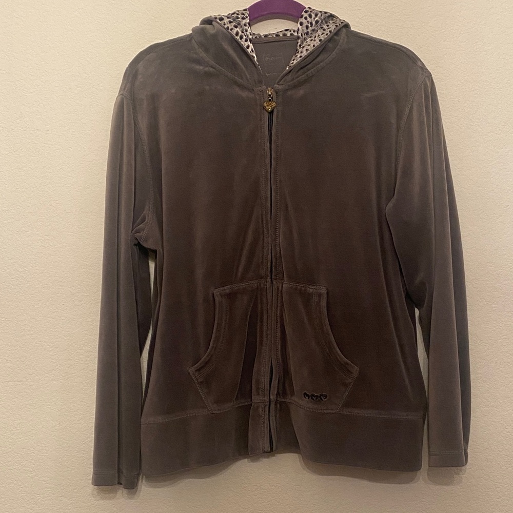 Gray Velour Hoodie with Leopard Lining